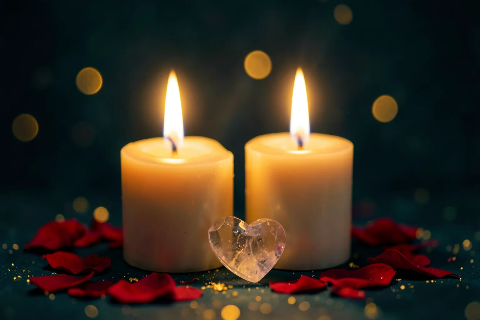 Dos velas encendidas juntas con pétalos de rosa