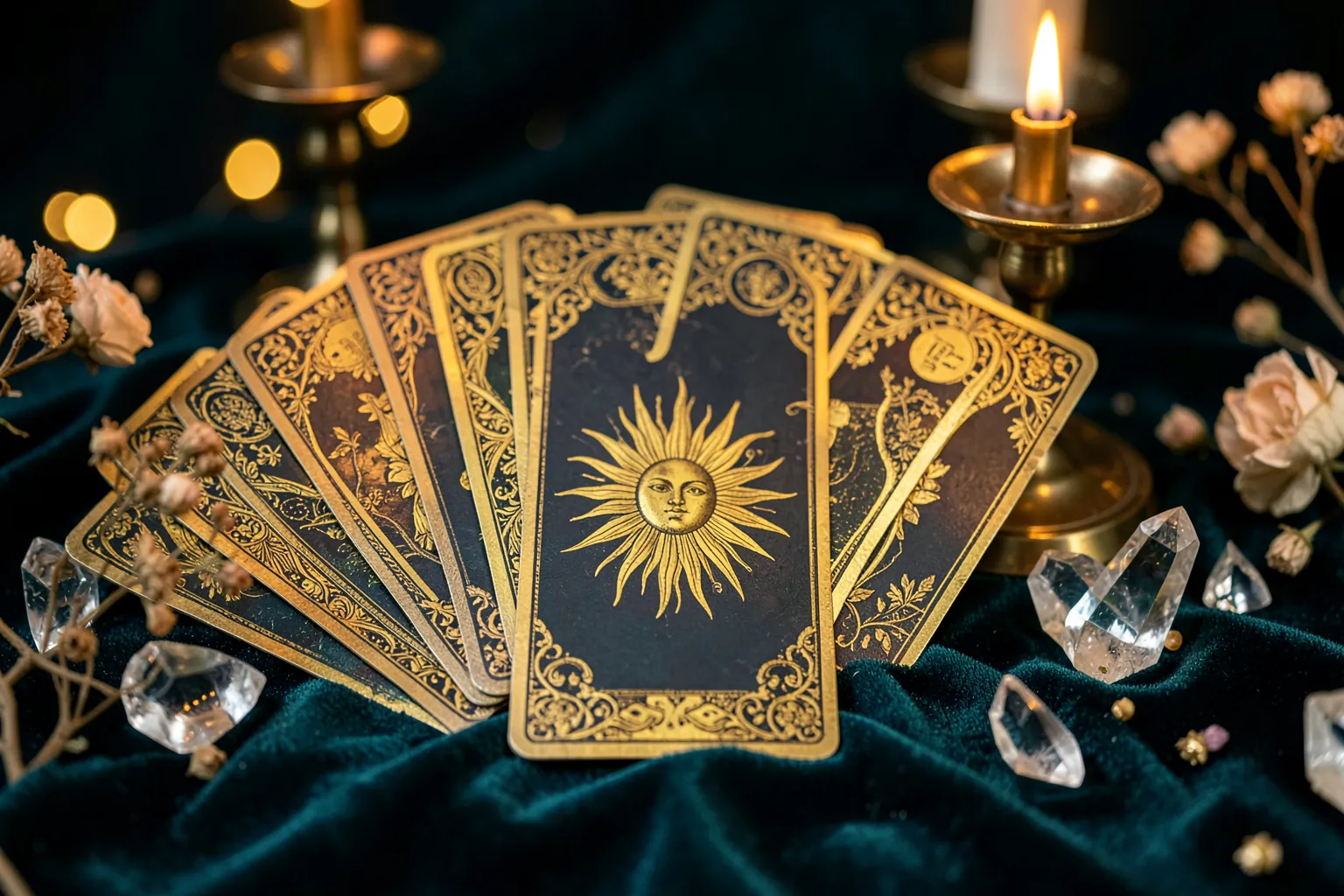 Cartas del tarot abiertas en abanico sobre terciopelo a la luz de las velas