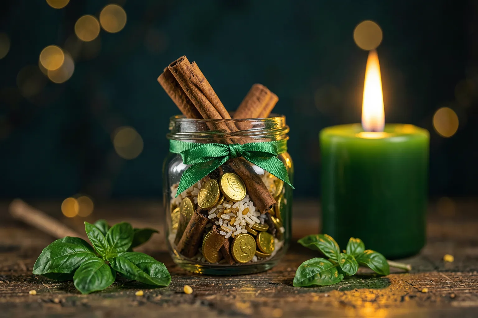 Frasco de cristal con canela, laurel, arroz y monedas atado con cinta verde