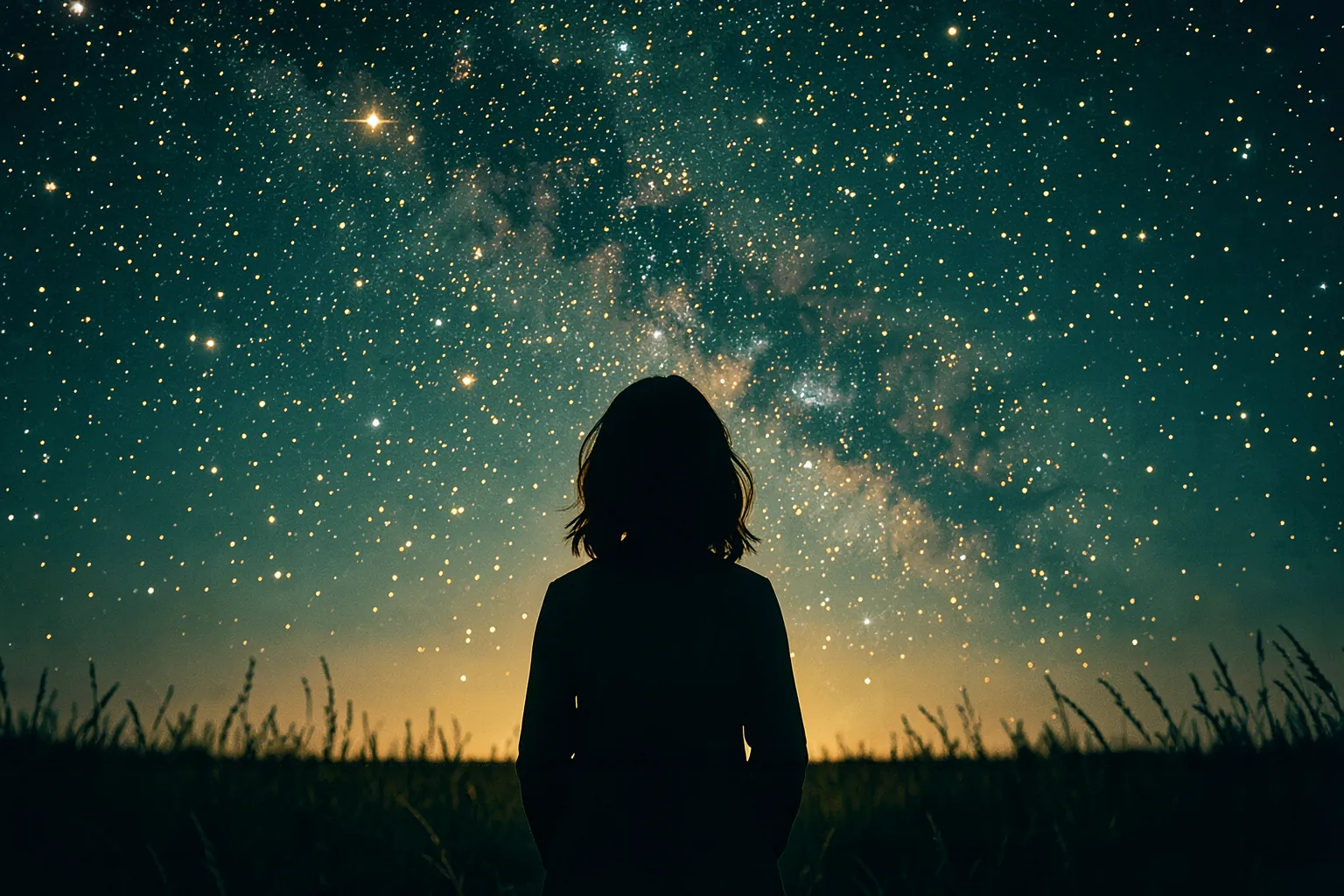 Mujer contemplando un cielo nocturno lleno de estrellas