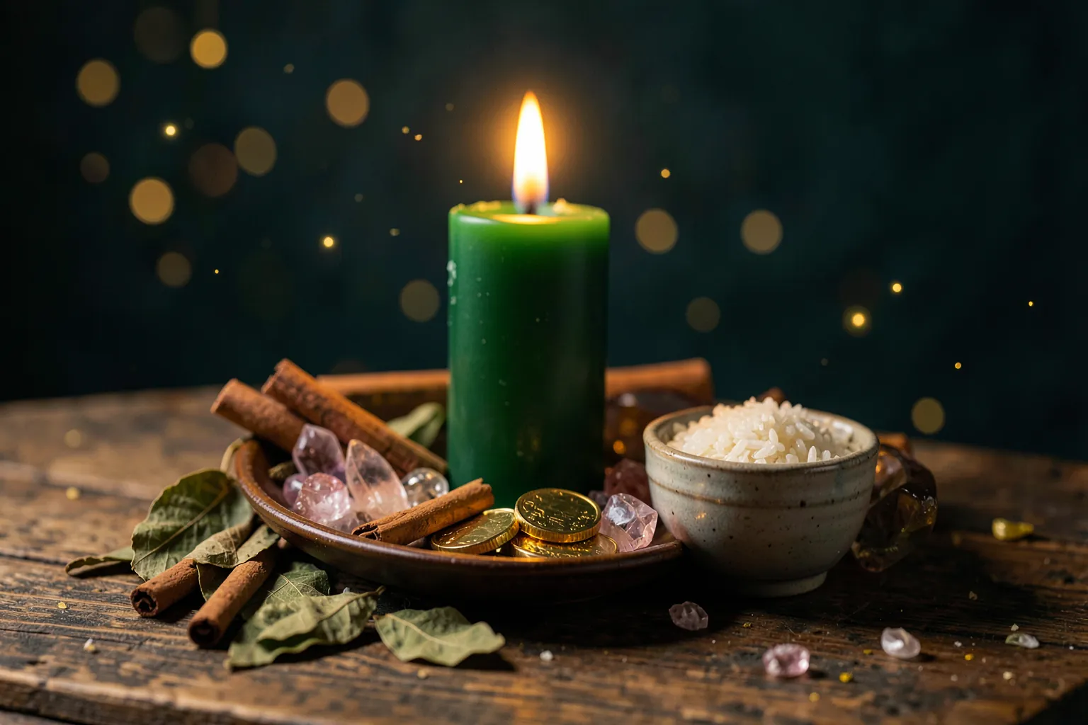 Altar de abundancia con vela verde encendida, monedas y canela
