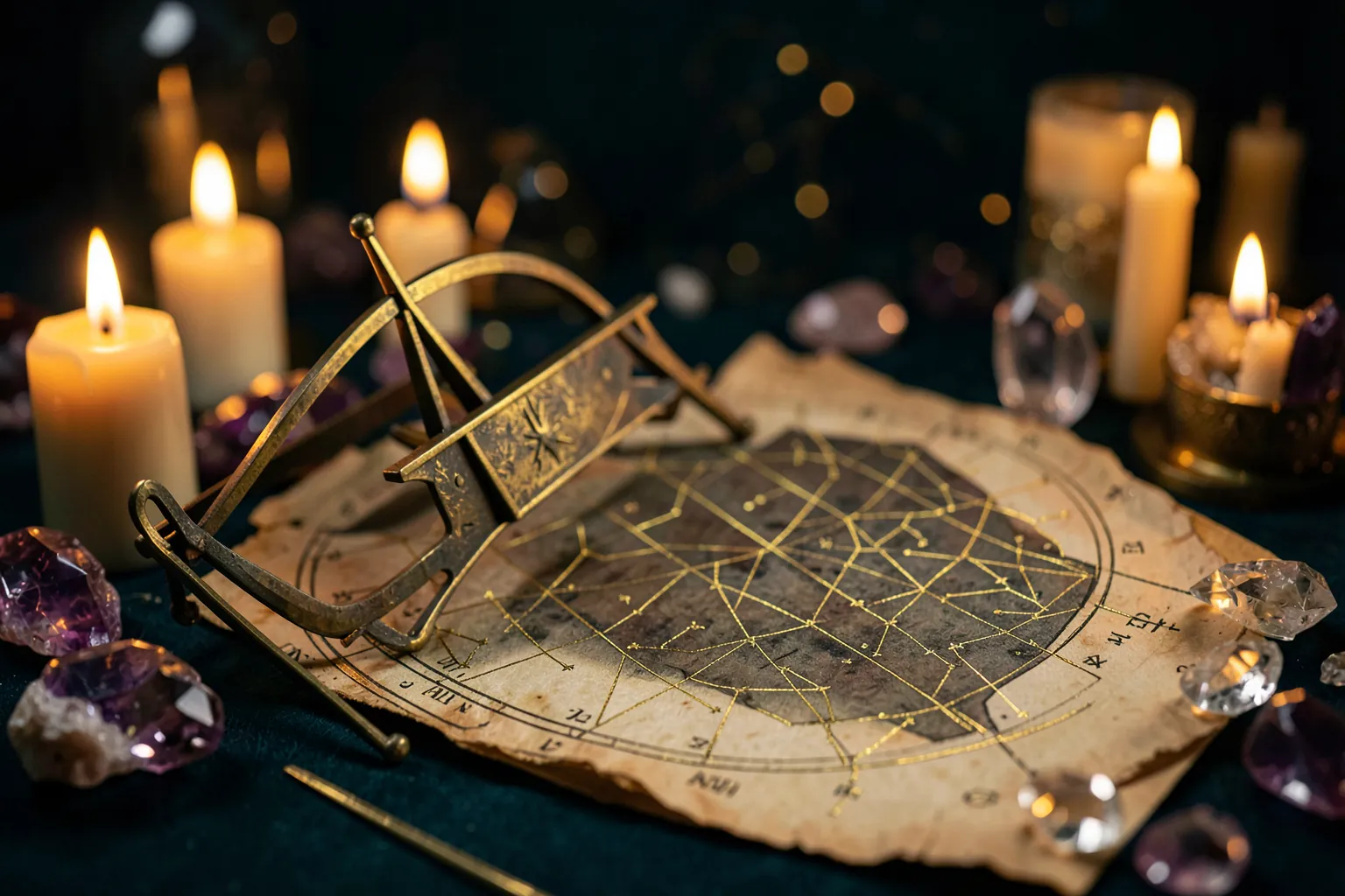 Astrolabio antiguo y rueda del zodiaco dibujada en oro a la luz de las velas