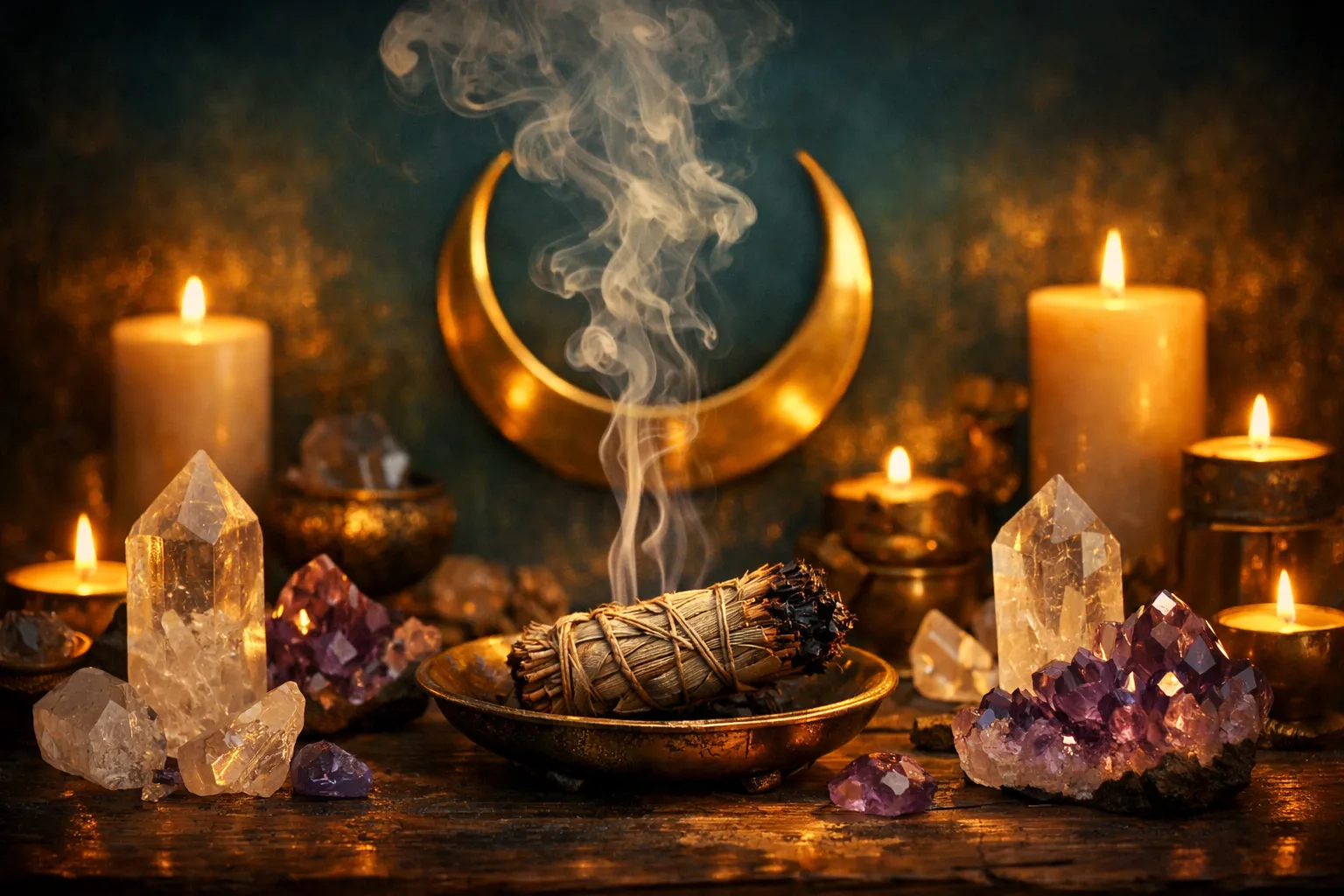 Armonizaciones y rituales con velas, salvia y cristales