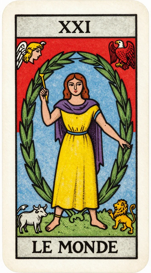 Carta de El Mundo del tarot, arcano mayor número veintiuno